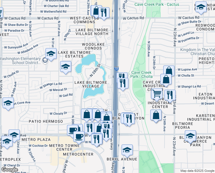 map of restaurants, bars, coffee shops, grocery stores, and more near 11050 North Biltmore Drive in Phoenix