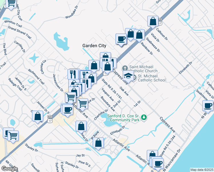 map of restaurants, bars, coffee shops, grocery stores, and more near 1800 Pine Avenue in Murrells Inlet