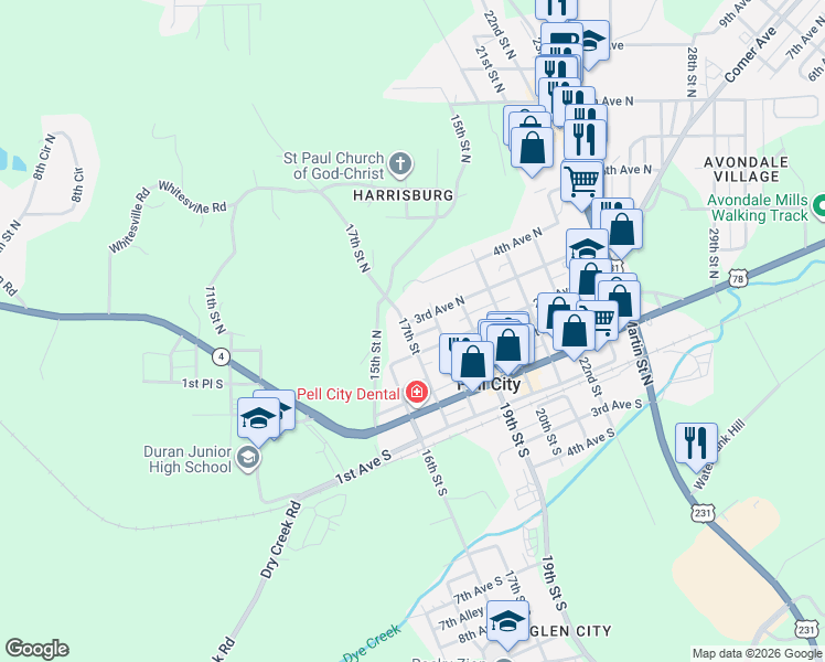 map of restaurants, bars, coffee shops, grocery stores, and more near 1700 3rd Ave N in Pell City
