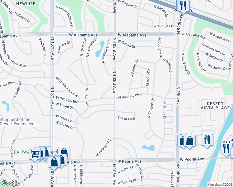 map of restaurants, bars, coffee shops, grocery stores, and more near 11411 North 103rd Avenue in Sun City