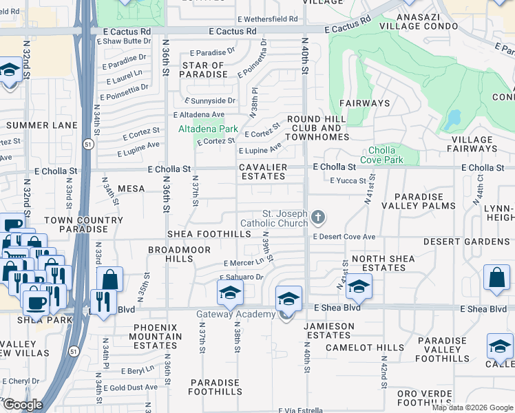 map of restaurants, bars, coffee shops, grocery stores, and more near 3822 East Shangri La Road in Phoenix