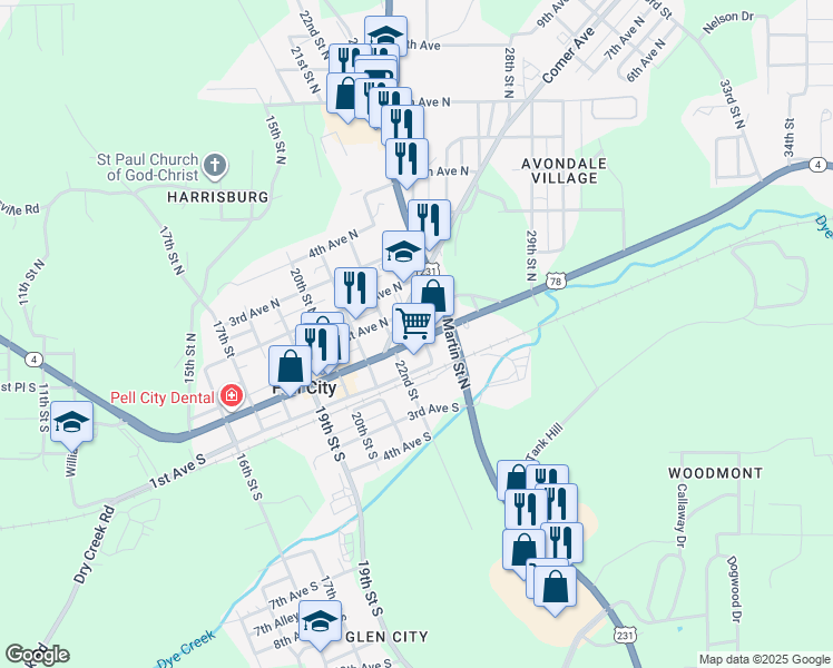 map of restaurants, bars, coffee shops, grocery stores, and more near 7 23rd Street North in Pell City