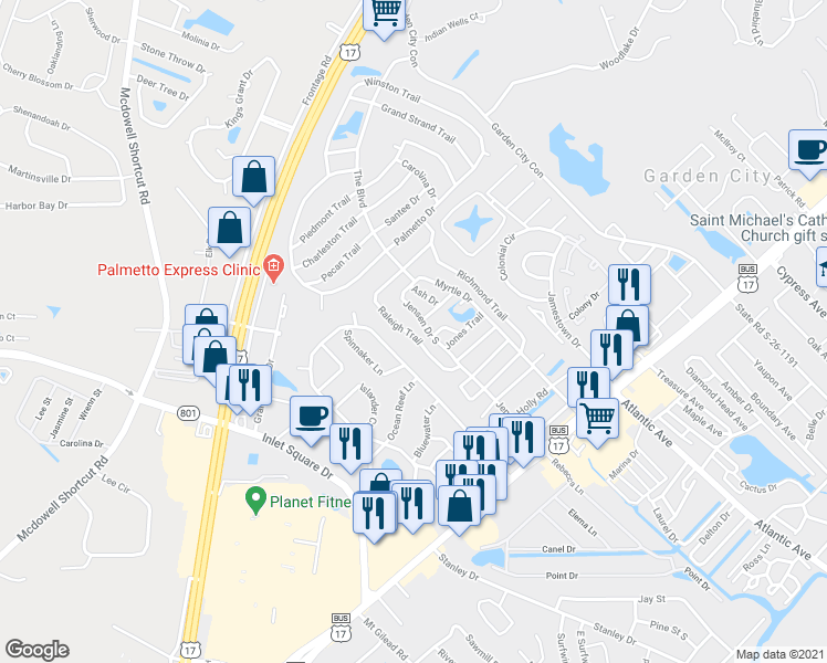 map of restaurants, bars, coffee shops, grocery stores, and more near 728 Raleigh Trail in Murrells Inlet