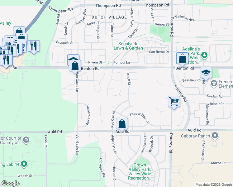 map of restaurants, bars, coffee shops, grocery stores, and more near 36675 Sauterne Street in Winchester