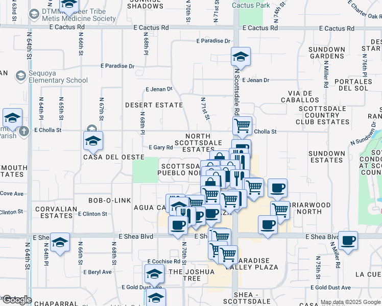 map of restaurants, bars, coffee shops, grocery stores, and more near 6945 East Gary Road in Scottsdale