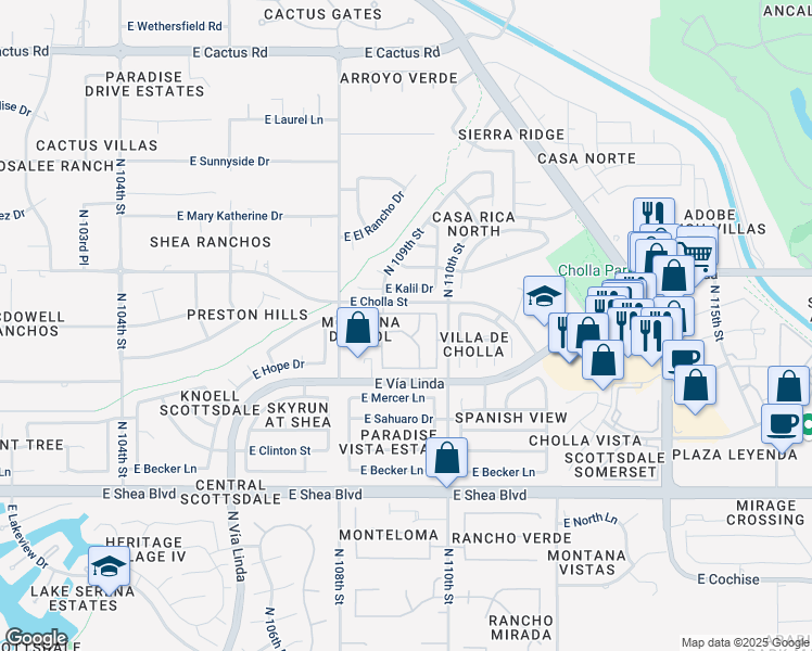 map of restaurants, bars, coffee shops, grocery stores, and more near 10924 East Gary Road in Scottsdale
