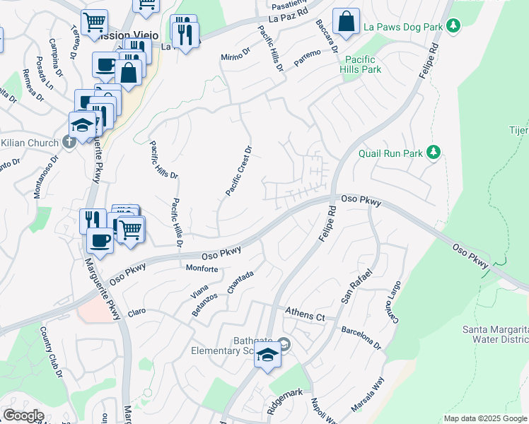 map of restaurants, bars, coffee shops, grocery stores, and more near 27541 Glenwood Drive in Mission Viejo