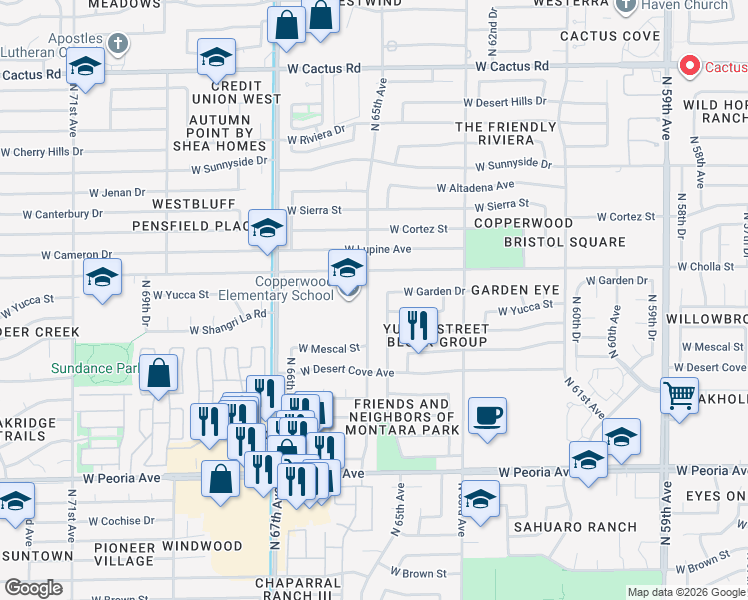 map of restaurants, bars, coffee shops, grocery stores, and more near 11233 North 65th Avenue in Glendale