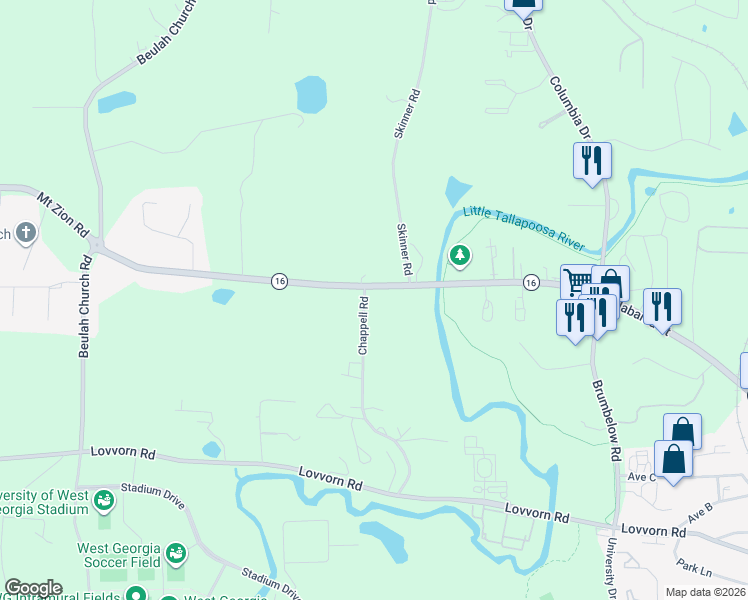 map of restaurants, bars, coffee shops, grocery stores, and more near 1220 Mount Zion Road in Carrollton