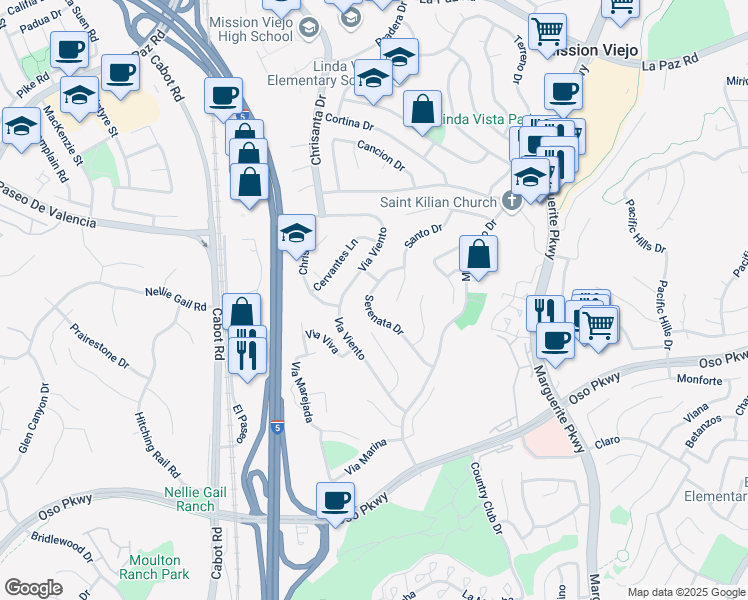 map of restaurants, bars, coffee shops, grocery stores, and more near 25826 Serenata Drive in Mission Viejo