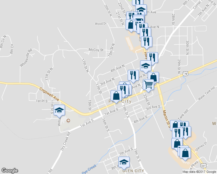 map of restaurants, bars, coffee shops, grocery stores, and more near 1801 2nd Avenue North in Pell City