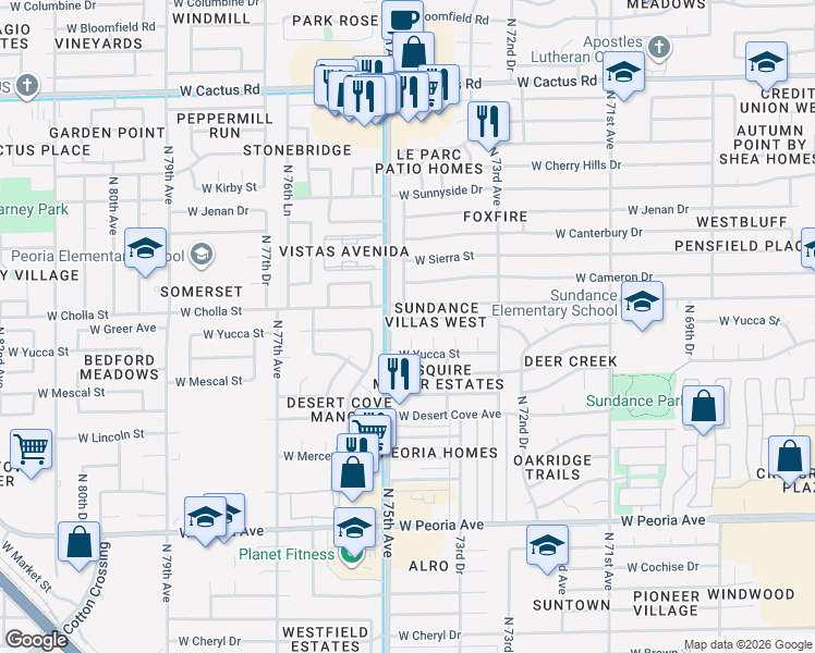 map of restaurants, bars, coffee shops, grocery stores, and more near 7455 West Greer Avenue in Peoria