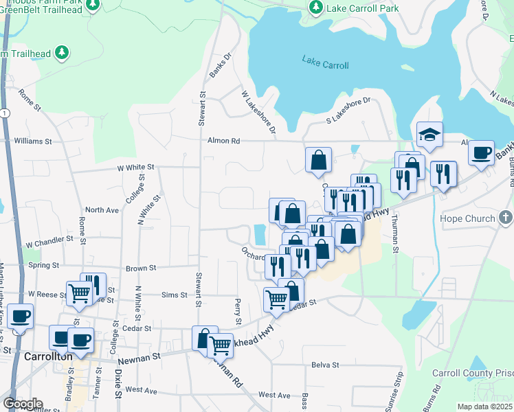 map of restaurants, bars, coffee shops, grocery stores, and more near 141 Ashgate Way in Carrollton