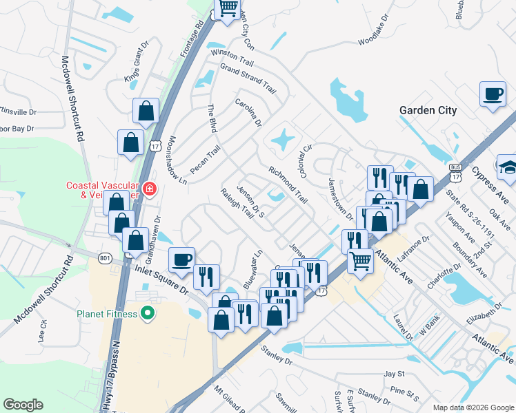 map of restaurants, bars, coffee shops, grocery stores, and more near 2982 Emory Trail in Murrells Inlet