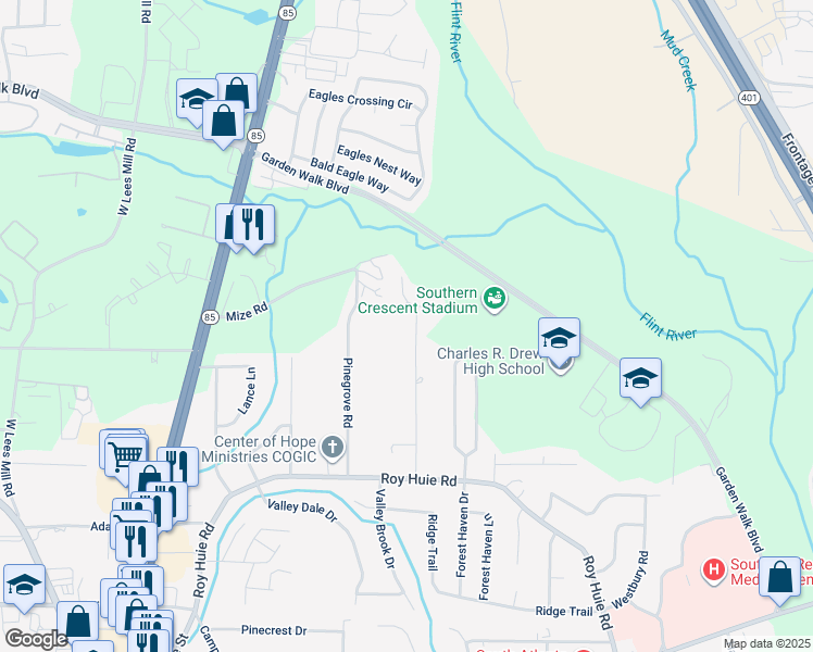 map of restaurants, bars, coffee shops, grocery stores, and more near 6111 Johnson Road in Riverdale