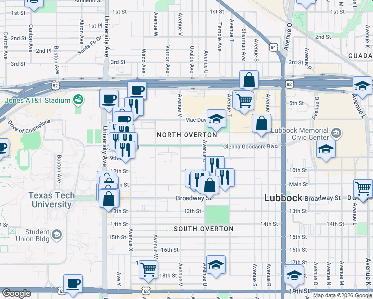 map of restaurants, bars, coffee shops, grocery stores, and more near 2119 Glenna Goodacre Boulevard in Lubbock