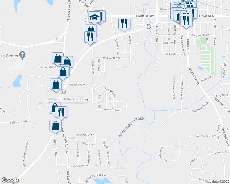 map of restaurants, bars, coffee shops, grocery stores, and more near 5183 Tew Lane Southwest in Covington