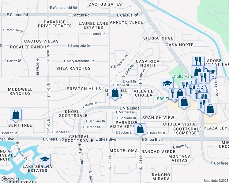 map of restaurants, bars, coffee shops, grocery stores, and more near 11225 North 108th Place in Scottsdale