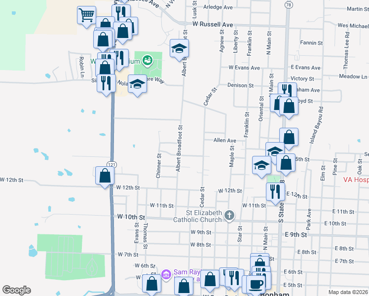 map of restaurants, bars, coffee shops, grocery stores, and more near 1500 Albert Broadfoot Street in Bonham