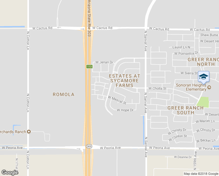 map of restaurants, bars, coffee shops, grocery stores, and more near North 165th Drive in Surprise