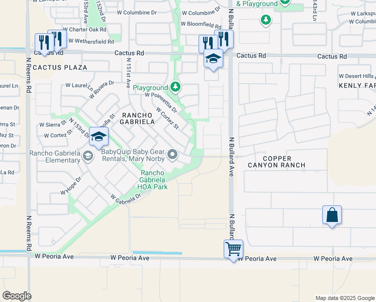 map of restaurants, bars, coffee shops, grocery stores, and more near 11453 North 148th Drive in Surprise