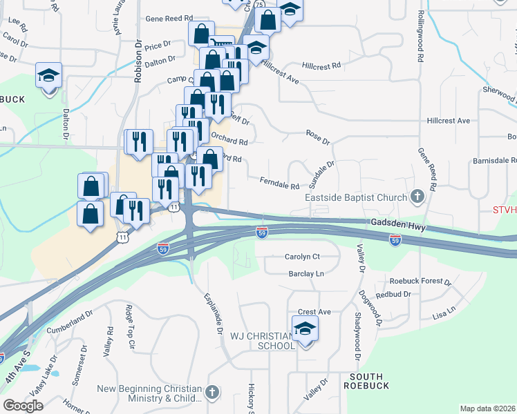 map of restaurants, bars, coffee shops, grocery stores, and more near 330 Gadsden Highway in Birmingham