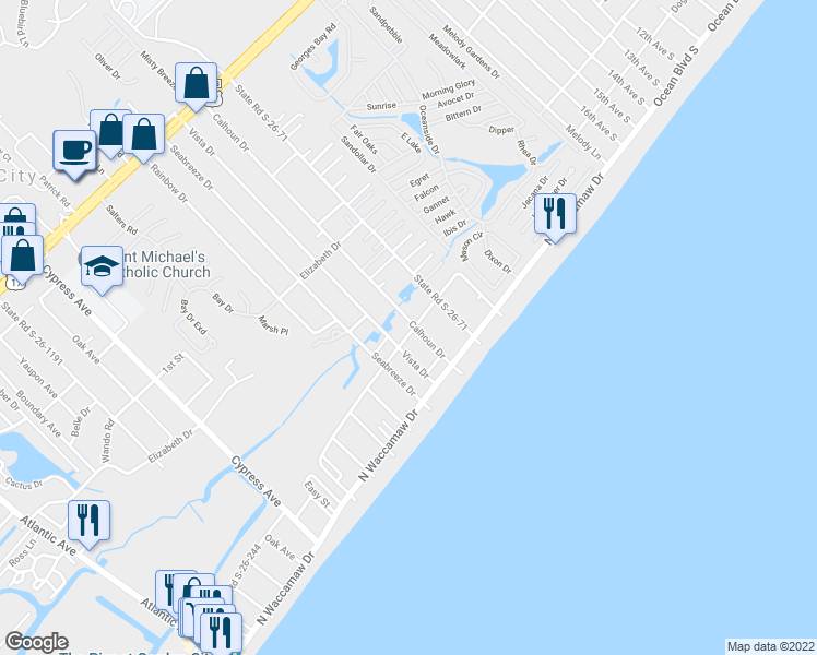 map of restaurants, bars, coffee shops, grocery stores, and more near 1311 Calhoun Drive in Murrells Inlet