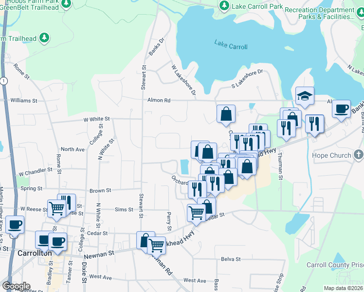 map of restaurants, bars, coffee shops, grocery stores, and more near 141 Ashgate Way in Carrollton