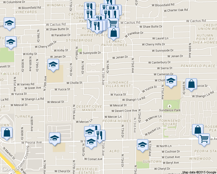 map of restaurants, bars, coffee shops, grocery stores, and more near 7455 West Greer Avenue in Peoria