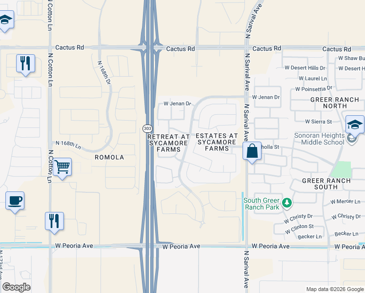 map of restaurants, bars, coffee shops, grocery stores, and more near 11420 North 165th Avenue in Surprise