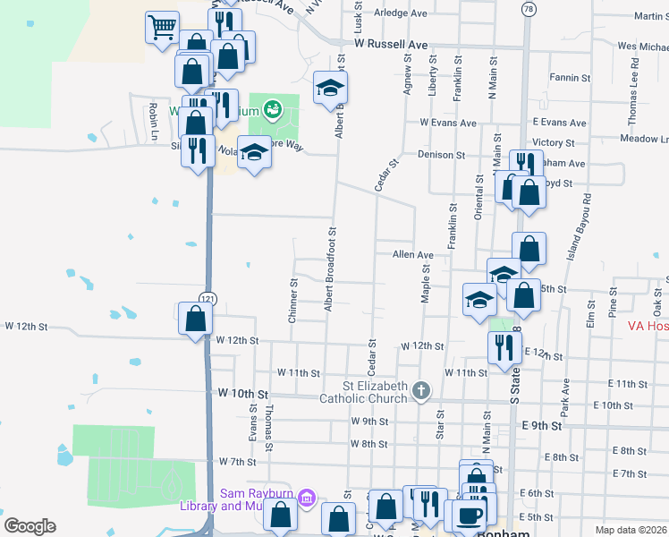 map of restaurants, bars, coffee shops, grocery stores, and more near 1500 Albert Broadfoot Street in Bonham