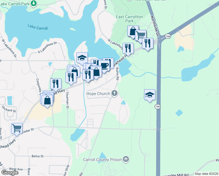 map of restaurants, bars, coffee shops, grocery stores, and more near 109 Shannon Drive in Carrollton