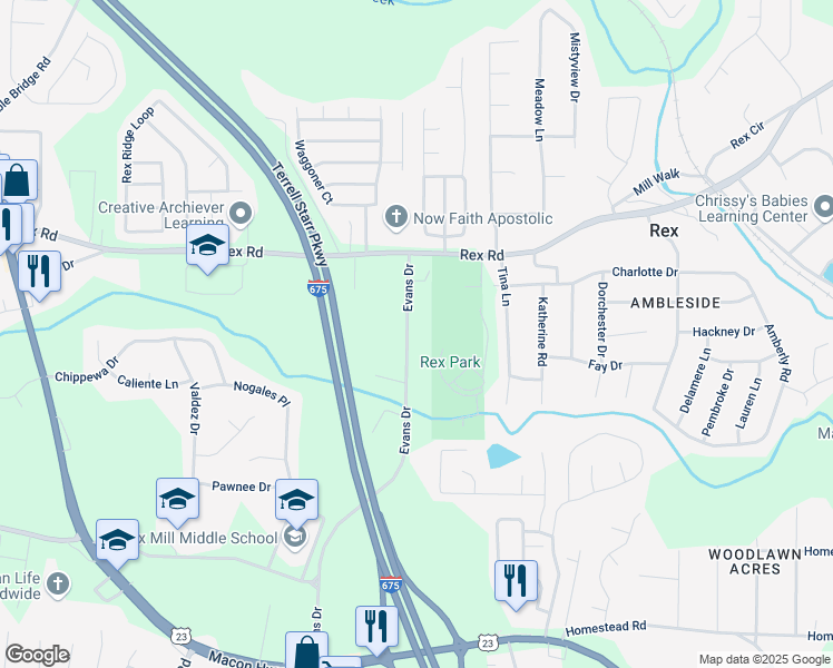 map of restaurants, bars, coffee shops, grocery stores, and more near 6096 Evans Drive in Rex