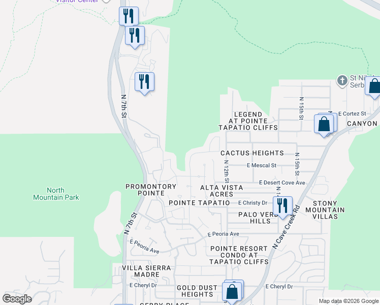 map of restaurants, bars, coffee shops, grocery stores, and more near 1048 East Shangri La Road in Phoenix