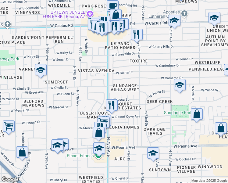 map of restaurants, bars, coffee shops, grocery stores, and more near 7455 West Greer Avenue in Peoria