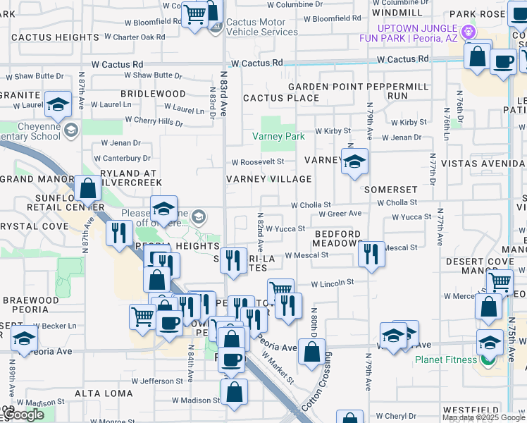 map of restaurants, bars, coffee shops, grocery stores, and more near 11332 North 82nd Avenue in Peoria