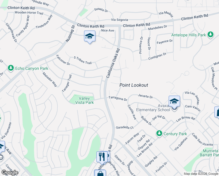 map of restaurants, bars, coffee shops, grocery stores, and more near 39625 Almansa Court in Murrieta