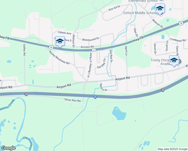 map of restaurants, bars, coffee shops, grocery stores, and more near 153 Del Ray Circle in Oxford