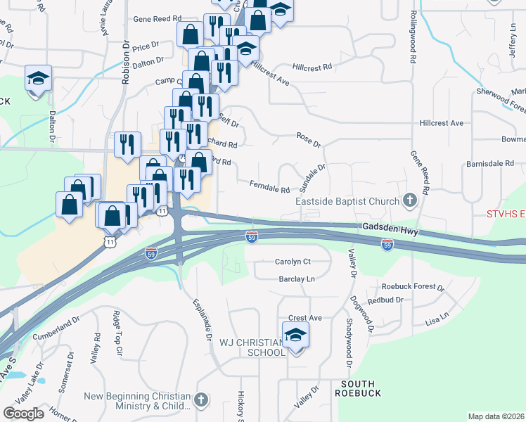 map of restaurants, bars, coffee shops, grocery stores, and more near 330 Gadsden Highway in Birmingham