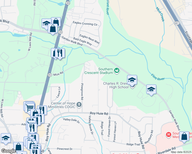 map of restaurants, bars, coffee shops, grocery stores, and more near 6111 Johnson Road in Riverdale