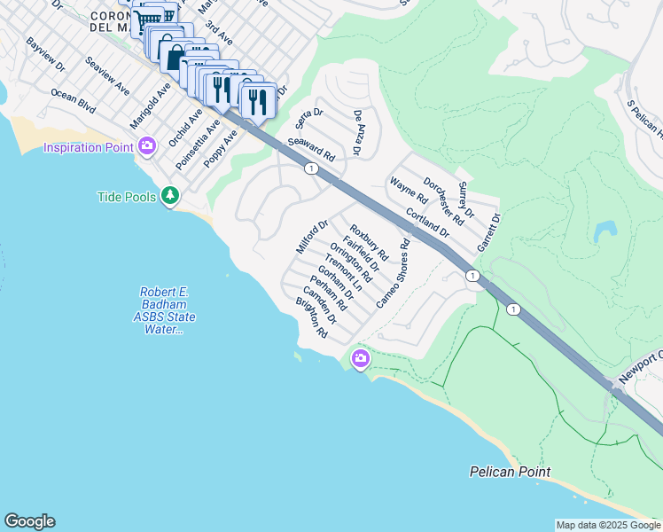 map of restaurants, bars, coffee shops, grocery stores, and more near 4533 Tremont Lane in Newport Beach