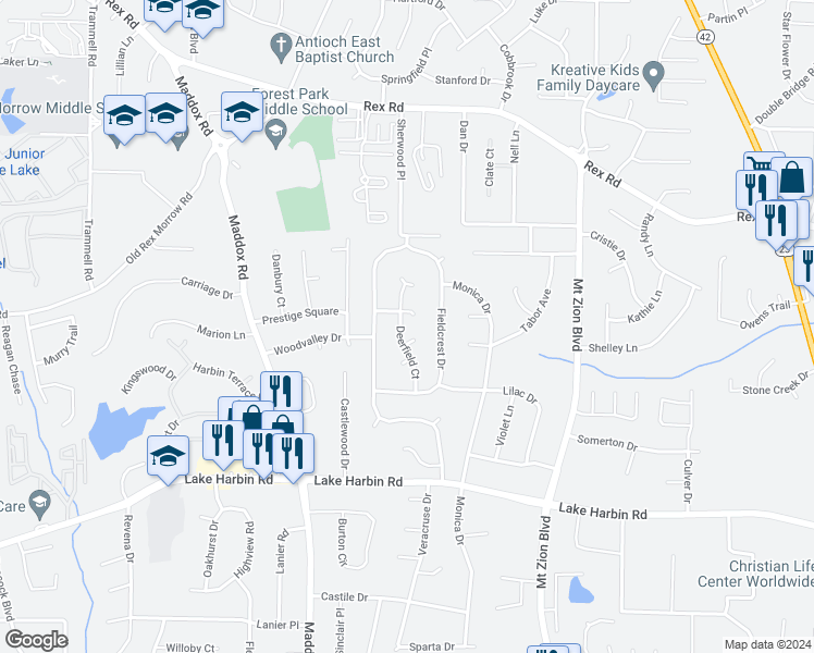 map of restaurants, bars, coffee shops, grocery stores, and more near 6108 Deerfield Court in Morrow