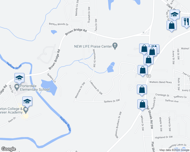 map of restaurants, bars, coffee shops, grocery stores, and more near 9291 Westview Drive Southwest in Covington
