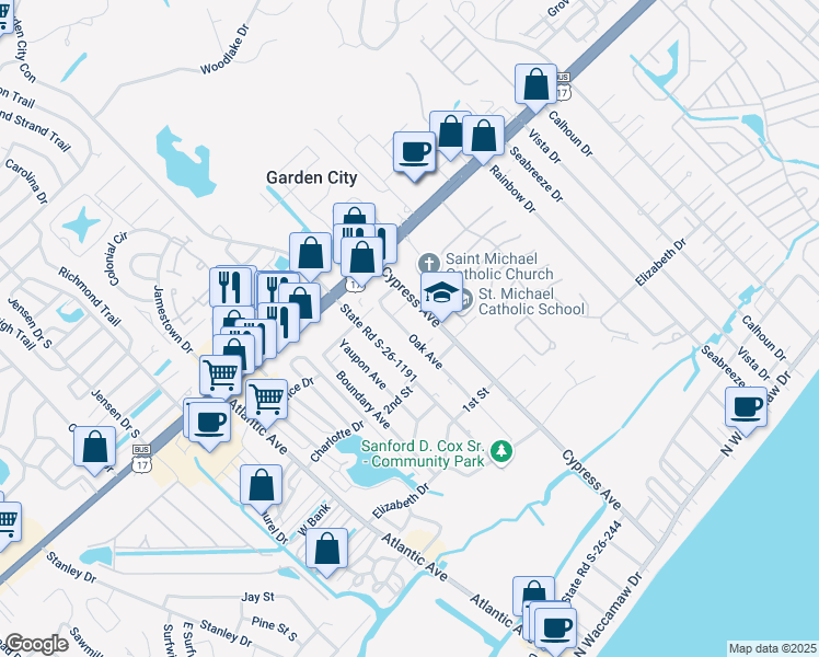 map of restaurants, bars, coffee shops, grocery stores, and more near 546 Oak Avenue in Murrells Inlet