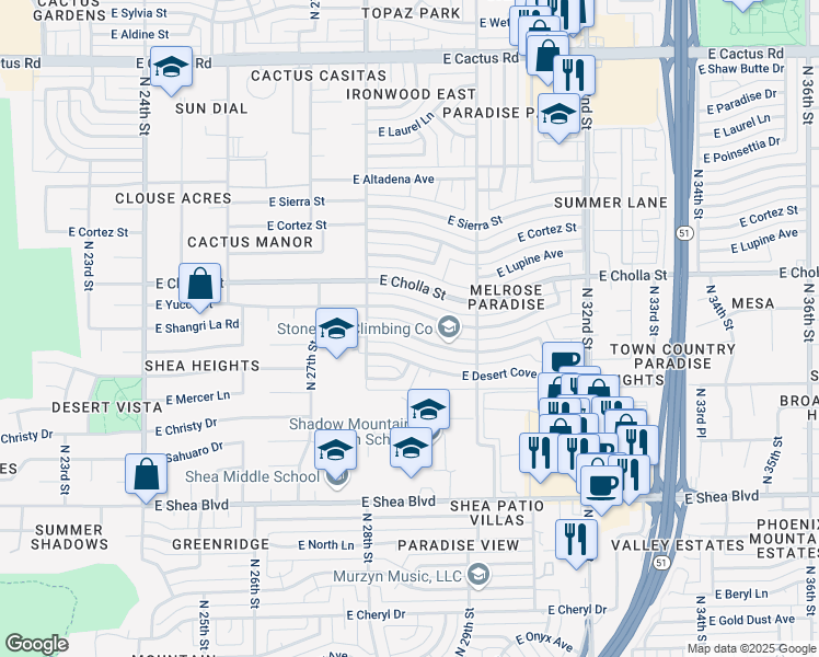 map of restaurants, bars, coffee shops, grocery stores, and more near 2834 East Shangri La Road in Phoenix