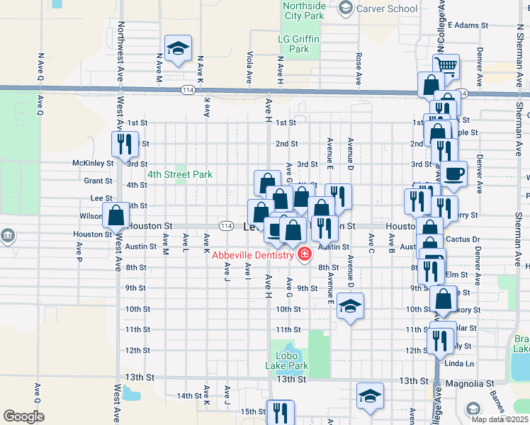 map of restaurants, bars, coffee shops, grocery stores, and more near 508 Avenue H in Levelland