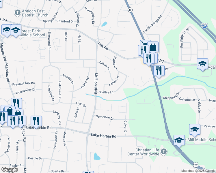 map of restaurants, bars, coffee shops, grocery stores, and more near 2755 Kathie Lane in Ellenwood