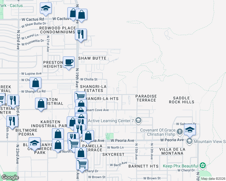 map of restaurants, bars, coffee shops, grocery stores, and more near 1634 West Shangri La Road in Phoenix