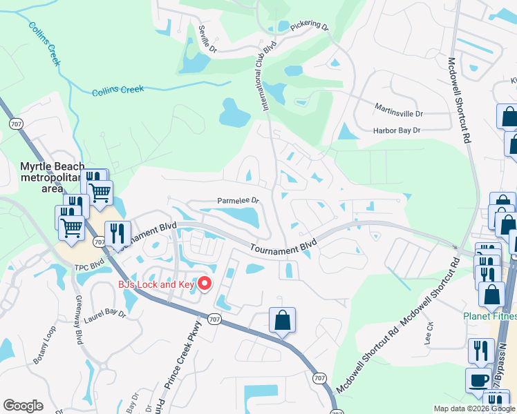 map of restaurants, bars, coffee shops, grocery stores, and more near 152 Parmelee Drive in Murrells Inlet