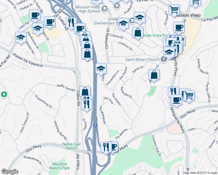 map of restaurants, bars, coffee shops, grocery stores, and more near 25822 Chrisanta Drive in Mission Viejo
